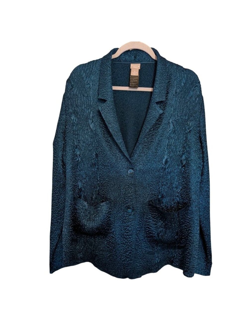 Chicos Womens Textured Teal Blazer Size XL 16/18 Lightweight Crushed Fabric 2 Bu